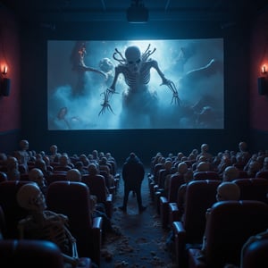 Darkened cinema interior from behind the screen. Skeletons seated in movie theater chairs, munching on popcorn and drinks as they watch 'Venom' on the giant screen. The eerie glow of the projector casts an otherworldly ambiance, while the sound effects and dialogue of the movie bring the scene to life.