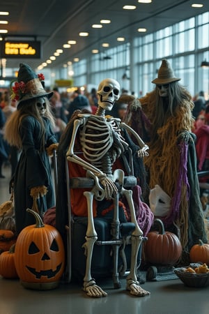 Skeleton vampires and scarecrows at an airport pushing a trolley containing luggage, holiday theme