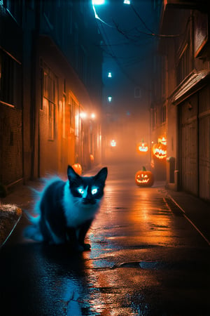 A dimly lit, abandoned alleyway at midnight. A phantom cat, with glowing eyes and a wispy misty aura, crouches low to the ground, its ears perked up as if listening for secrets. The air is thick with fog, and jack-o-lanterns flicker in the distance, casting an eerie orange glow on the wet pavement.