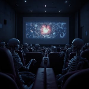 Darkened cinema interior from behind the screen. Skeletons seated in movie theater chairs, munching on popcorn and drinks as they watch 'Venom' on the giant screen. The eerie glow of the projector casts an otherworldly ambiance, while the sound effects and dialogue of the movie bring the scene to life.