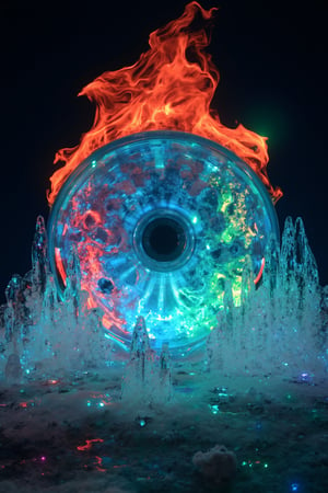 A realistic 8K UHD image depicts a glowing circular ice formation covered in swirling red, blue, and green flames, forming the words flux elemental around it. Surrounding the ice, delicate ice leaves and beautiful ice flowers are intricately formed, creating a mesmerizing and surreal scene. The composition highlights the interplay of fire and ice, with the flames casting vibrant hues onto the frozen elements, enhancing the mystical and elemental atmosphere.