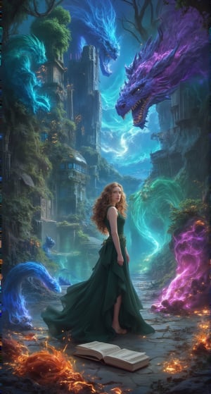 Create an image of a beautiful attractive young European woman with long curly hair standing in front of an open book. She seems to be traveling between worlds, and scenes from different fantasy worlds emerge from the pages. Her eyes are wide and full of wonder, and her flowing costume gives a sense of movement. The background shifts between vibrant colors, magical creatures, the colorful glow of magic and ancient cities, blending together seamlessly, as if the world in the book is coming to life around her. Beautiful magical fantasy art.