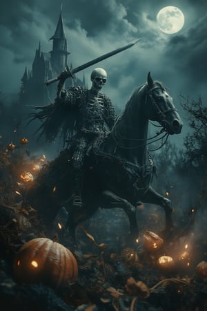 A majestic shot unfolds: a skeleton warrior astride a horse, grasping sword and lance, clad in medieval armor. The pumpkins' eerie glow illuminates the scene as an ancient castle looms in the distance. The full moon casts an ethereal light, while the dark forest surrounds them with mystery.