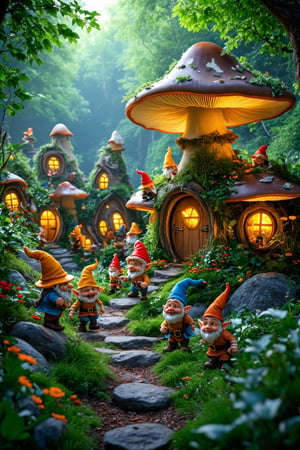 In a photorealistic fantasy world, a whimsical mushroom village unfolds, its structures resembling giant fungi with warm, glowing windows and wooden doors that seem to invite exploration. Cheerful dwarves, donning scattered bright hats, wander on rocky paths and grassy hills, their joyful interactions filling the air. Lush greenery surrounds the scene, punctuated by vibrant flowers and miniature decorations that add to the magical and cozy atmosphere, evoking a sense of wonder and enchantment.