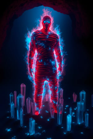 A mummy stands in the center of a dark cave filled with glowing crystals, its body engulfed in swirling red and blue flames. The mummy's eyes shine brightly, contrasting against the dark surroundings. The scene is framed with the mummy as the focal point, illuminated by the fiery aura and the ambient light from the crystals. The composition emphasizes the eerie yet mesmerizing atmosphere, with the mummy's intense gaze drawing attention amidst the mystical environment.