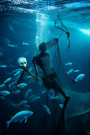 A eerie underwater scene: a skeleton in a tattered scuba suit floats ghostly in the darkness, its bony fingers grasping an old fishing net. The dim blue glow of a flashlight casts long shadows across the seafloor, as a school of bioluminescent fish dart nervously around the skeletal figure's translucent skull.