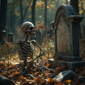 A melancholic skeleton perches beside a weathered tombstone, its bony fingers cradling a wilted flower. The somber atmosphere is illuminated by the soft, golden light of an autumn afternoon, casting long shadows across the rust-hued leaves that carpet the ground. The subject's sorrowful gaze seems lost in thought, as if mourning the passing of time.