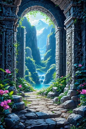 amazing fantasy art, ultra detailed, top quality, extremely intricate, vivid picture, Another world beyond the stone portal,