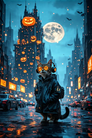 Mid-sunset, a cat stands confidently, dressed in a sleek jacket, headphones, and glasses, amidst a cyberpunk urban landscape. In the background, a massive commercial building is transformed into a Halloween spectacle, its towering facade aglow with eerie lights. The metropolis stretches out, bathed in warm city lights, as the moon rises high in the sky, surrounded by a canvas of twinkling stars. The cat's gaze is fixed on the digital scenery, its eyes glowing softly in the fading light.