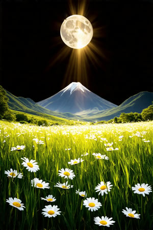 a vibrant array of flowers, including daisies, are seen in a field of tall grass. The flowers are white with a yellow center, adding a pop of color to the scene. The background is a deep black, creating a stark contrast to the vibrant colors of the flowers. The sun is shining through the tall grass, adding depth to the composition. The sky, a moon, and a mountain range can be seen in the upper right corner of the frame.