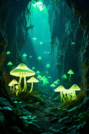 “A haunted cavern filled with eerie, glowing mushrooms and ghostly apparitions, set in a dark fantasy world.