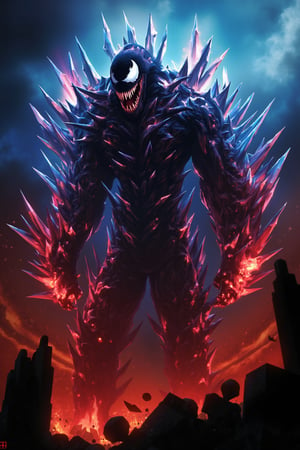 A realistic Venom symbiote stands atop a ruined building, its body covered in sharp, glowing crystal spikes. Wrapped in raging red and blue flames, its menacing expression conveys intense anger. The scene is cinematic, with dramatic lighting emphasizing the symbiote's creepy, sci-fi presence. The composition frames Venom as the central figure, towering over the destruction below, creating a tense and eerie atmosphere.