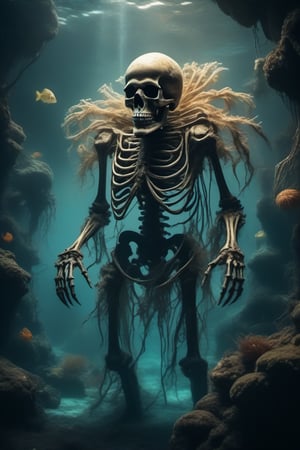 A dimly lit underwater lair serves as the eerie backdrop for a haunting Halloween bash, where a majestic sea monster skeleton dominates the scene. The fossilized creature's massive bones are arranged in a circular formation, surrounded by glowing jellyfish lanterns and seaweed-covered cobwebs. The atmosphere is thick with mist and the distant sound of creaking shipwrecks.