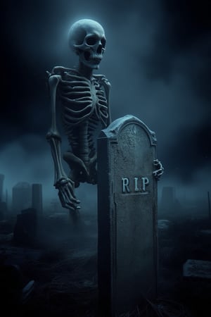 A hauntingly lit midnight scene: a phantom skeleton emerges from the shadows, its ethereal form hovering near a weathered tombstone bearing the inscription 'R.I.P.' The skeletal figure's bony fingers grasp the stone's edge as it appears to be reading the epitaph. A misty fog swirls around the duo, casting an eerie glow on the desolate landscape.