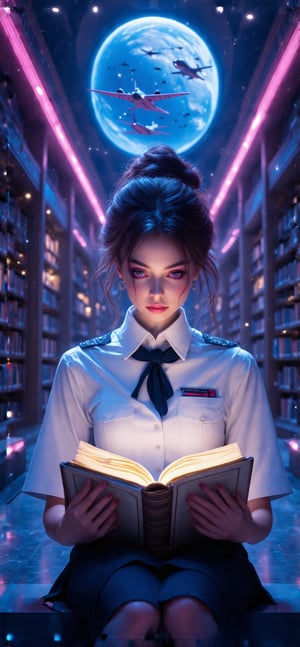 Cinematic shot of a striking woman with piercing eyes, defined eyeliner, and rosy pink lipstick, donning a crisp white high school uniform with navy trim. She sits amidst the sleek, futuristic lines of Zaha Hadid-inspired architecture in a state-of-the-art library. Cold neon lights cast an otherworldly glow as she intently reads an ancient tome. Through the expansive window, flight vehicles soar against a brilliant blue sky. The woman's focused gaze is framed by the dynamic composition of futuristic architecture and aerial activity in the background.