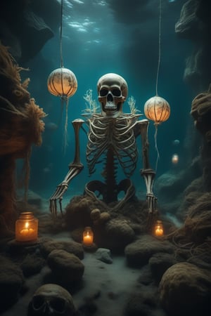 A dimly lit underwater lair serves as the eerie backdrop for a haunting Halloween bash, where a majestic sea monster skeleton dominates the scene. The fossilized creature's massive bones are arranged in a circular formation, surrounded by glowing jellyfish lanterns and seaweed-covered cobwebs. The atmosphere is thick with mist and the distant sound of creaking shipwrecks.