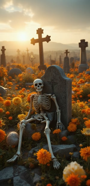 A hauntingly beautiful scene: a withered skeleton sits amidst a tapestry of vibrant wildflowers, its bony fingers wrapped around a weathered tombstone. The sun casts a warm, golden glow upon the desolate landscape, illuminating the stark contrast between life and death.