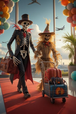 A hauntingly delightful scene: A skeleton vampire in a dapper suit and fedora, alongside a scarecrow, push a luggage cart filled with vacation bags at an airport. The duo's eerie silhouettes are set against a bright, sunny backdrop, with a red carpet leading to the departure gates. The holiday theme is palpable as festive decorations and balloons surround them, creating a surreal yet whimsical atmosphere.