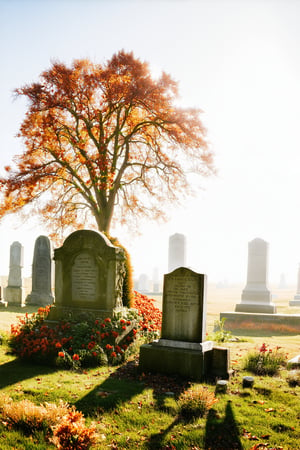 A serene scene unfolds: a delicate flower garden surrounds a weathered tombstone, adorned with lush greenery and autumn leaves. A majestic tree, its branches heavy with ripe fruit, towers in the background, its beauty juxtaposed with the solemnity of the grave. The warm sunlight casts long shadows across the grassy terrain, as if celebrating the fleeting nature of life.