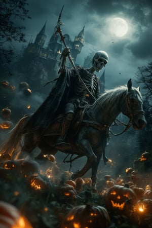 A majestic shot unfolds: a skeleton warrior astride a horse, grasping sword and lance, clad in medieval armor. The pumpkins' eerie glow illuminates the scene as an ancient castle looms in the distance. The full moon casts an ethereal light, while the dark forest surrounds them with mystery.