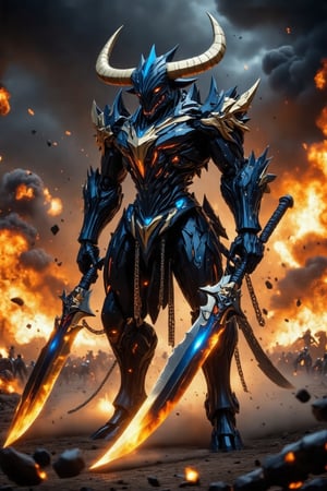 Futuristic robot demon bull king from Legend of Star General anime: metallic black body gleams with blue, gold, and red accents; dynamic pose showcases powerful stance, with large bladed weapons in each hand - fiery orange highlights ablaze on the blades' angular edges. Spikes, chains, and horned helmet amplify its mechanized ferocity. Amidst the chaos, a massive battlefield explosion unfolds as background.