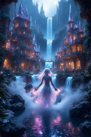 In this enigmatic scene, the cityscape of Cascade Crystal City unfolds like a tapestry woven with iridescent threads. Waterfalls cascade around buildings, their misty veils shrouding the urban landscape in mystery. Amidst the whimsical architecture, a figure emerges, hands splayed in Durer-esque elegance as smoke and particle effects swirl around them. Backlit hair aglow, eyes shimmering like perfect gemstones, this surreal metropolis is bathed in volumetric lighting, an 8K masterpiece of concept art blending fantasy with reality.