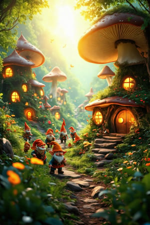 A serene afternoon in the whimsical mushroom village unfolds as the warm sunlight casts a gentle glow on the intricate, glowing windows and wooden doors of the giant fungal structures. A group of cheerful dwarves, sporting scattered bright hats, meander along rocky paths and lush green hills, their carefree interactions filling the air with joyful chatter. Amidst the vibrant flora, miniature decorations and delicate flowers add to the enchanting atmosphere, as a sense of wonder and magic permeates the scene, inviting the viewer to step into this fantastical world.