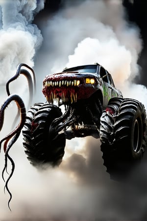 Monster truck, smoke, scary, scary, sharp teeth and scary, slimy, long tentacles, eyes creepy