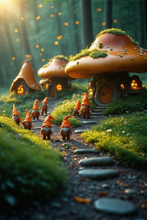 A serene afternoon in the whimsical mushroom village unfolds as the warm sunlight casts a gentle glow on the intricate, glowing windows and wooden doors of the giant fungal structures. A group of cheerful dwarves, sporting scattered bright hats, meander along rocky paths and lush green hills, their carefree interactions filling the air with joyful chatter. Amidst the vibrant flora, miniature decorations and delicate flowers add to the enchanting atmosphere, as a sense of wonder and magic permeates the scene, inviting the viewer to step into this fantastical world.