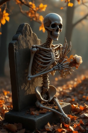 A melancholic skeleton perches beside a weathered tombstone, its bony fingers cradling a wilted flower. The somber atmosphere is illuminated by the soft, golden light of an autumn afternoon, casting long shadows across the rust-hued leaves that carpet the ground. The subject's sorrowful gaze seems lost in thought, as if mourning the passing of time.