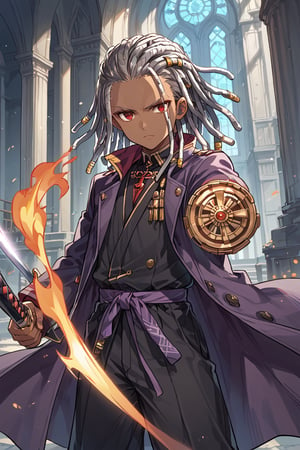 Highly detailed.High Quality.Masterpiece. different poses, expressive expressions,Manor,(indoor background),good_hands,male focus, (SOLO), black race skin, african dark skin, Short height ,young boy,(scarlet eyes),(grey hair), Skinny physique, ((dreadlocks)), purple trench coat, black kimono pants, wielding flaming Katana,



score_9,score_8_up,score_7_up,source_anime,BREAK, fighting Stance