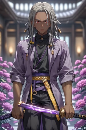 different poses, expressive expressions,Manor,(indoor background),good_hands,male focus, (SOLO), african dark skin, Short height ,young boy(scarlet eyes),(grey hair), Skinny physique, ((dreadlocks)), purple trench coat, black kimono pants, wielding Katana,