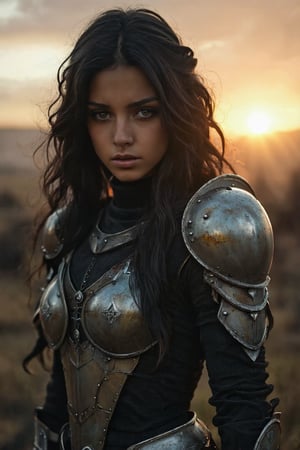 photography, photograph,18 years old, highly detailed background and textures, fantasy, armor, sunset