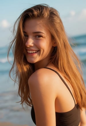 In golden hour light an 18 year old brunnete looks back at the viewer with a playful amused expression, beach, crinkled eyes, laughing, smiling, warm smile, playful, amused, modern clothing, narrow face, a girl on her own, photography, swimsuit, day, bikini, outdoors, long hair, hair over face, looking back, sunlight, warm lighting, sweet, clothed, european, ocean, golden light, messy hair, eyes crinkled, cute, artistic shot, portrait, bright lighting, shadow, depth of field