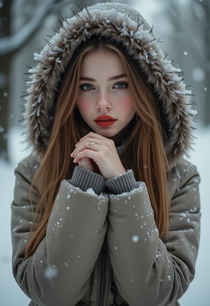 On a snowy day an 18 year old brunette with a big jacket and red lipstick portrait looks at the viewer with a dreamy almost thoughtful expression with pale skin, flushed cheeks and a ring on her finger with her sleevs almost pulled up over her hands, 1/2 shot,  shoulders, trees, pale skin, flushed, bush, light makeup, lipstick, dark lipstick, youthful, clothed, skinny, narrow face, european, face close up, a girl on her own, blonde hair, jewelry, ring, long hair, looking at viewer, hood, snowing, lips, snow, hood up, parted lips, upper teeth, photography, sleeves past wrists, blush, nose, fur trim, blurry, brown eyes, long sleeves, fur-trimmed hood, green eyes, red lips, face, cute, artistic shot, multifocus, detailed background