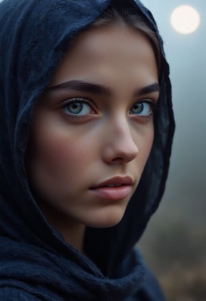 beautiful 18 year old assassin, fantasy, arabic, middle eastern, tanned skin, ice blue eyes, beautiful, neoteny, small nose, plump lips, small mouth, large eyes, wideset eyes, headscarf, deeply tanned skin, arabic, close up of her face on the background of a misty moonlit sky