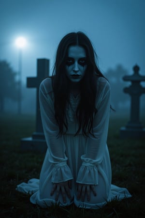 photography, photograph, spooky ghost girl, ethereal, grave, night, dark, mist, long hair, crawling, black eyes, fog