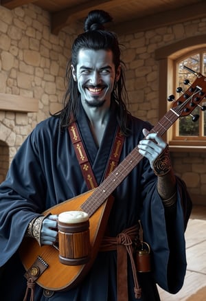 A photo of a human with pale blue skin, solid white eyes with no pupil or iris, and dark hair. His dark hair is long and tied into a loose, flowing topknot, with stray locks framing his face, giving him a carefree and roguish appearance. He wears a combination of flowing robes and light tavern garb, blending the traditional elegance of asian monk attire with the rough-and-tumble style of a western fantasy tavern-goer. His black hemp robe is open, revealing a simple vest beneath, and the colors are dark—deep purples and midnight blues—showing his affinity for Nocticula's teachings. 

A lute-like stringed instrument, an eastern Pipa is pictured, well-worn from countless performances. His stance is relaxed, with one hand resting on the neck of his instrument, while the other casually holds a half-full wooden mug of ale. His face reflects a broad irreverent grin, with hints of wisdom and adventure. Around his waist, he wears a sash that holds a flask and other small items, and on his arms are leather bracers etched with faded celestial symbols. The background is an inviting but shadowy tavern, filled with warm light and muted, busy patrons, capturing the mix of chaos and charm that defines Mukki’s life. Photography. Fantasy. 