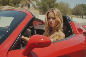 A tall, leggy, blonde, beautiful girl drives up in a Ferrari sports car, stops and then slowly gets out of the door. To see clearly her face, a super-clear quality moving image.,#baksi,#strange2