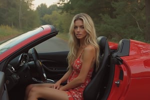 A tall, leggy, blonde, beautiful girl drives up in a Ferrari sports car, stops and then slowly gets out of the door. To see clearly her face, a super-clear quality moving image.,#baksi