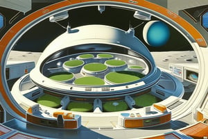 a gouache artist's concept circa 1970's in a futurism style of an interior view of a space habitat on a moon of the planet Jupiter with Jupiter prominently visible through the transparent dome, the habitat is designed as a multi-use home-and-work living space built under a transparent dome, a view of its interior contains such features as hydroponic fields and orchards and fish ponds and laboratories and living spaces for its human inhabitants, a view of the outside through the transparent dome sees self-contained AI factories in orbit around Jupiter mining materials and energy to feed industrialized Jupiter, Vincent Di Fate, John Berkey, Syd Mead, Paolo Soleri