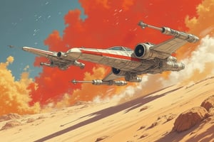 Star Wars spaceships bravely fight each other on the brink of death, with desert and explosions in the background, wreckage left by the battle, Japanese retro style, cartoon, two-dimensional,#swh2