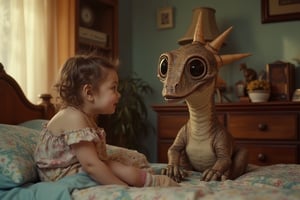 1990s hd color photograph of little girl with a grotesque baby Brachiosaurus creature with large eyes in the little girls bedroom,#cute2,#aleienchrome