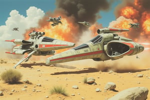 Star Wars spaceships bravely fight each other on the brink of death, with desert and explosions in the background, wreckage left by the battle, Japanese retro style, cartoon, two-dimensional,#strange2,#cute2