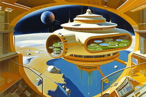 a gouache artist's concept circa 1970's in a futurism style of an interior view of a space habitat on a moon of the planet Jupiter with Jupiter prominently visible through the transparent dome, the habitat is designed as a multi-use home-and-work living space built under a transparent dome, a view of its interior contains such features as hydroponic fields and orchards and fish ponds and laboratories and living spaces for its human inhabitants, a view of the outside through the transparent dome sees self-contained AI factories in orbit around Jupiter mining materials and energy to feed industrialized Jupiter, Vincent Di Fate, John Berkey, Syd Mead, Paolo Soleri