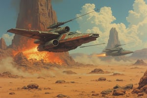 Star Wars spaceships bravely fight each other on the brink of death, with desert and explosions in the background, wreckage left by the battle, Japanese retro style, cartoon, two-dimensional,#swh2,#baksi