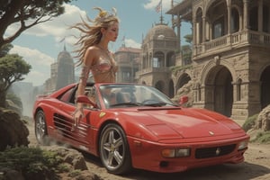 A tall, leggy, blonde, beautiful girl drives up in a Ferrari sports car, stops and then slowly gets out of the door. To see clearly her face, a super-clear quality moving image.,#baksi,#strange2,#building,#fractal,#landscape2