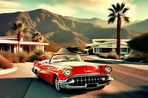 A sun-kissed Palm Springs landscape, reminiscent of 1950s retro glamour. A sleek, chrome-plated convertible, parked at a slight angle on the winding road, its bright red paint job glistening in the warm desert light. The surrounding hills, clad in lush greenery, provide a striking backdrop to the vibrant scene. In the distance, the iconic Palm Springs architecture, with its characteristic rounded lines and geometric shapes, rises up against the sky.