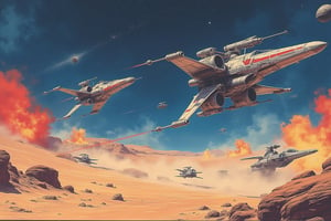 Star Wars spaceships bravely fight each other on the brink of death, with desert and explosions in the background, wreckage left by the battle, Japanese retro style, cartoon, two-dimensional,#blus