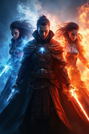 The handsome man with fiery eyes and blazing was cloaked in ice and fire, the 2 women behind him emitted an aura of fire and ice and used weapons